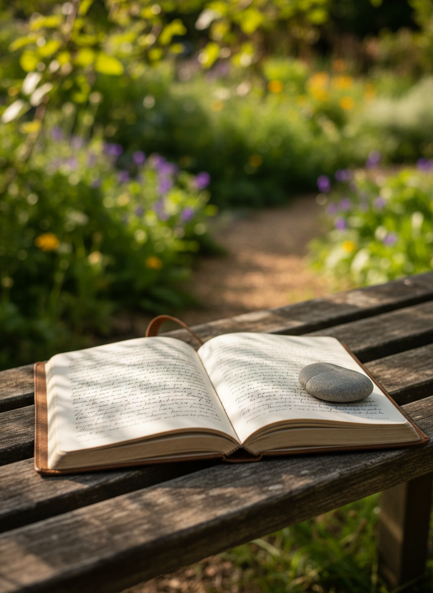 A detailed close-up of a handwritten journal open on a rustic wooden bench in a quiet garden, a smooth heart-shaped stone resting on one page to hold it open. The visible writing is subtly out of focus, unreadable but expressive. Surrounding the bench are blurred hints of wildflowers and greenery, with late afternoon sunlight filtering through leaves, creating dappled patterns across the pages. Captured from a slightly elevated angle, the journal and stone dominate the frame, with the background gently receding in soft focus. The mood is contemplative and hopeful, evoking recovery reflections and gratitude. The style is warm, natural photographic realism, with textures of paper, stone, and wood rendered in rich, authentic detail.