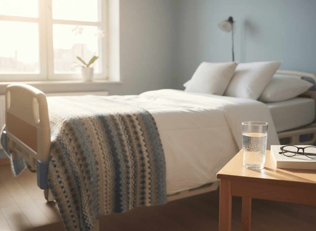 A warm, intimate photo-realistic image of a neatly made hospital or recovery bed with soft natural light coming through a window. The bed has white linens, a personal blanket, and a small side table with a glass of water and a book. The atmosphere feels hopeful and peaceful, capturing the quiet moments of recovery after a heart transplant.