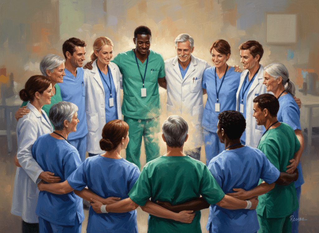 A warm, diverse group of medical professionals, caregivers, surgeons, nurses, and support staff gathered together in a circle, symbolizing community and collective care. Soft, hopeful lighting, professional yet heartfelt tone, painterly style.